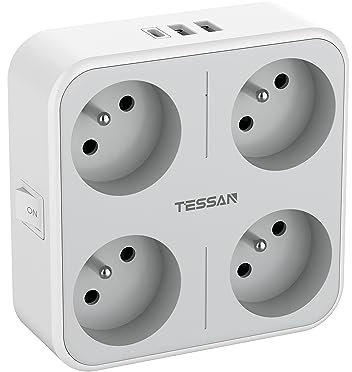 TESSAN Multiprise Murale Française avec 4 Sortie AC et 3 Ports USB, 7 en 1 Prise Électrique 4000W avec Interrupteur, Secteur USB C Gris Convient pour Domicile, Bureau, Compatible pour Phone, Pad