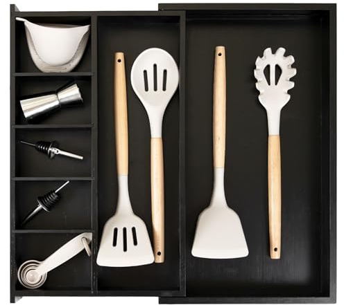 KitchenEdge Organisateur de tiroir de cuisine ajustable pour ustensiles et accessoires, de qualité contractuelle, sûr pour les aliments, en bois 100 % durable et antidérapant - extensible de 26,7 à