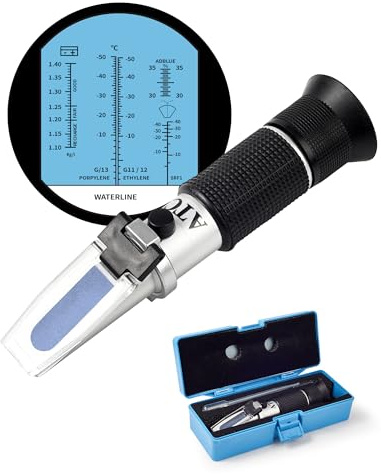 NETONDA Frostskydd refraktometer 4-i-1 frostskyddstestare kylmedelstestare för etylenglykol, propylenglykol, fryspunkt av kylvatten skivvatten AdBlue batterisyra (instruktioner på tyska)