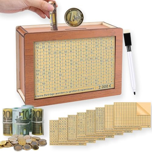 Scatola Denaro con Contatore, Salvadanaio In Legno con 8 Diversi Adesivi Target 1 Pennarello, Salvadanaio Riutilizzabile, Con Numeri per 500 1000 2000 3000 5000 10000 per Adulti Bambini