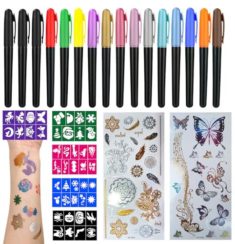 HKC Temporäre Tattoo Stift für die Haut, Tattoo Stifte Kinder, 16 Tattoo-Stift + 5 Schablonen + 2 Tattoos Aufklebe, Glitter & Matte Tattoos Pen Kit für Jungen Mädchen Thanksgiving, Ostern, Geburtstag