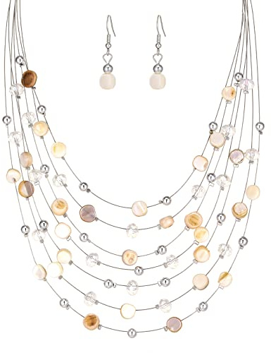 FULU AUTUMN Boho Mehrschichtige Perlenkette Damen Perlen Statement Kette und Ohrringe Set Modeschmuck für Mütter Frau Oma Mode Geschenke