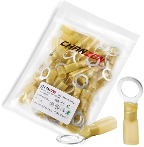 Chanzon M10 Heat Shrink Ring Terminal 3/8 inch 50pcs UL Listed 12-10AWG Gauge Eyelet Wire Connectors Waterproof Marine Grade Adhesive Lined Yellow Electrical Crimp Connector forBoat Truck Stereo Car