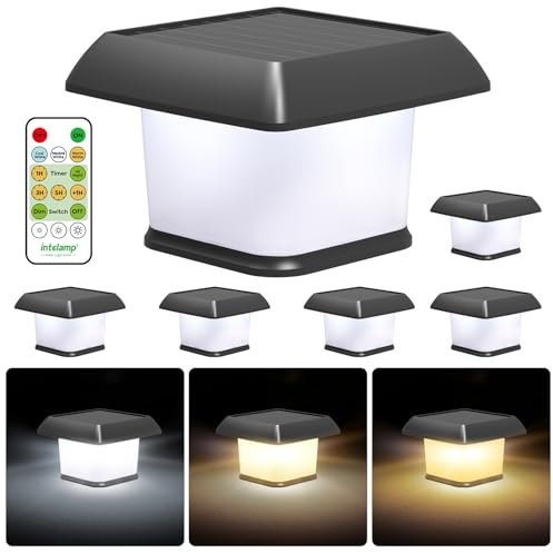 Intelamp Solar Fence Post Cap Lights, 6-Pack With Remote Control - White, Neutral, Warm White, Waterproof for 3.4x3.4, 4x4, 5x5 Inch Wood/Vinyl Fence, Garden, Deck