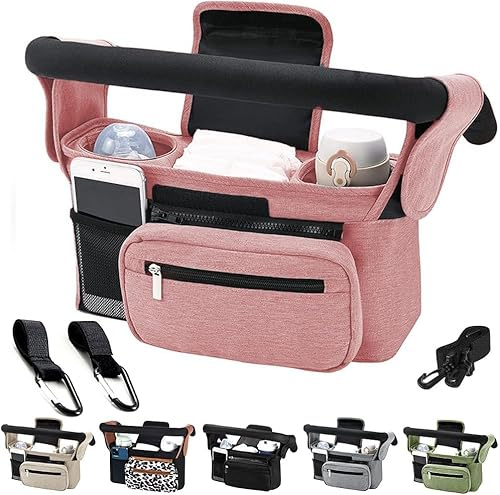 HINATAA Bolsa Organizadora Para Cochecito, Bolso Organizador Carrito Beb con Portavasos Aislado y Correa para el Ajustables Hombro, para Pañales y Juguetes, Cochecito de Bebé con 2 Ganchos (Rosa)