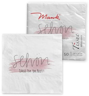 Mank Tissue Serviette, Schön, dass du da bist! 24x24 cm, 1/4-Falz 150 Stück, Servietten perfekt für Hochzeit oder Private Partys, 3-lagig hochwertig Papierservietten (Weiß)