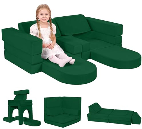 MeMoreCool Spielsofa Schlafsofa Kinder, Schaumstoff Soft Bausteine Couch, Fancy Spielsofa einen aufregenden Indoor-Spielplatz für das Kinderzimmer, Kuschelecke ideal für Kinder, Grün
