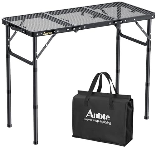 Anbte Tavolo Pieghevole da Campeggio 88 * 40 * 70cm,Portatile Multifunzione Tavolino in Rete Metallica per Esterno/Barbecue/Giardino/Gioco/Spiaggia-3 Regolabili in Altezza-Nero