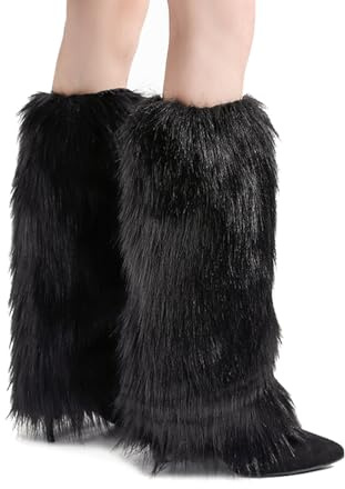 LERTREEUK ﻿Kunstpelz Zottelige Frauen Beinwärmer Gyaru Gothic Punk Kniestrümpfe Fuzzy Pelz Y2K Stiefel Manschettenabdeckungen (Schwarz, L)