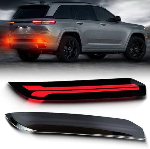 BINQIGOO 2Pc Full LED Rear Bumper Reflector Lights Kit for Jeep Grand Cherokee 2022 2023 2024 2025 Tail Lamp Brake Fog Lamps Daytime Running Light Turn Signal Accessories (Smoked)