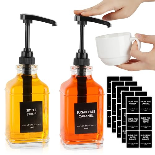 STARSIDE 16 oz Coffee Syrup Dispenser,2 pcs Clear Glass Syrup Bottle with 1/4oz Capacity Pump,Syrup Dispenser for Coffee Bar with Plastic Pump and Syrup Labels