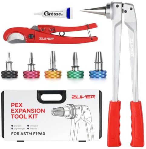 ZUVER PEX Kit de herramientas de expansión de tubos, expansor manual con 5 cabezales, cumple con la norma ASTM F1960, incluye cabezales de expansión de 3/8, 1/2, 5/8, 3/4 y 1 pulgada y herramienta de