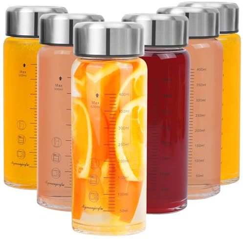 Mymanjerfu Glasflasche 500ml mit Deckel - 6er Pack, Trinkflasche Glas aus Borosilikatglas - Saftflasche, Smoothie & Shaker Becher - Zum Befüllen - BPA-Frei