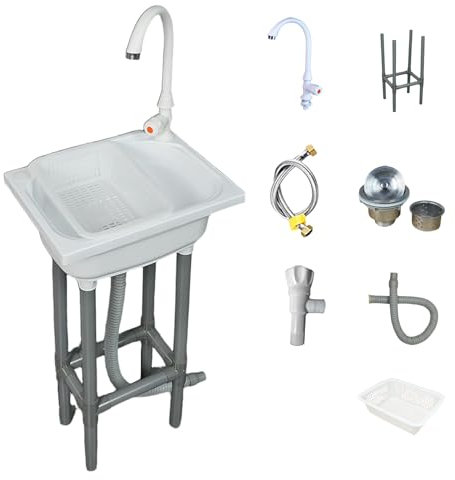 Lavabo del Bagno Bianco, Lavatoio in Resina, Lavandino del Bagno per WC Bagno Lavanderia Garage Uso Comune 38x28x79 cm / 15x11x31 Pollici C Rubinetto di plastica
