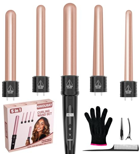 Ferro Arricciacapelli 5 in 1, Ondulatore Modellatore con Display LCD e Temperatura Regolabile 80°C - 230°C, Piastra Onde per Capelli con 9-32 mm Ferri di Diverso, Guanto, 2 Clip, Adatto a Tutte