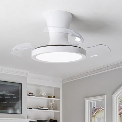 LJX 60cm Modern Bladeless Ceiling Fans with Lights and Remote, 6-Speed Silent Reversible Dc Motor, Invisible Retractable Small Ceiling Fan Light for Kids Bedroom Kitchen，White