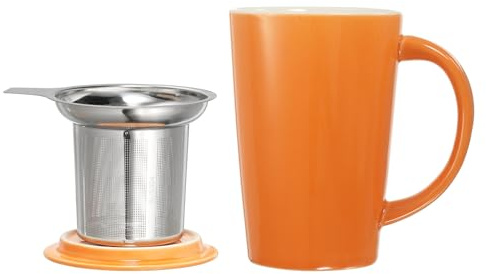 sourcing map Tazza da tè in porcellana da 470 ml, con infusore e coperchio, tazza da tè sfusa in ceramica, tazza da caffè per latte, cacao, ufficio, casa, caffè, regali, arancione