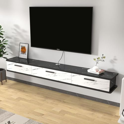 Meuble TV flottant - Longue console TV murale avec rangement et porte rabattable - Meuble de salon moderne - Meuble TV suspendu - Rayures blanches - 140 x 22 x 20 cm