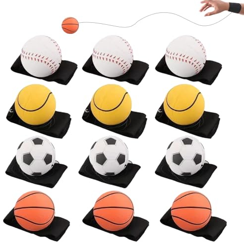 12 Stück Springball mit Schnur: Handgelenk ReturnBall, Ball mit Schnur, Spielzeug für Kinder Erwachsene, Stressabbau Ball für Fingerübungen, Fußball, Basketball, Softball, Baseball (Durchmesser 6cm)