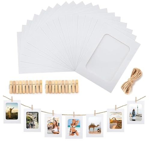 Set de 20 Marcos de Fotos de Cartón Kraft - Marcos de Pared Colgables 11.5x15.5 cm con Clips de Madera y Cuerda de Yute - Decoración DIY para Fiestas, Bodas, Hogar y Oficina (Blanco)