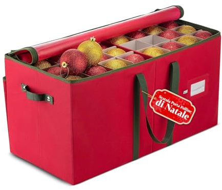 Avilia – Scatola Porta Palline di Natale in TNT e Cartone Rigido 65x32x32 cm con 64 Scomparti Modulari e Manici Rinforzati, Chiusura Zip Resistente per Conservare 128 Decorazioni Natalizie in Ordine