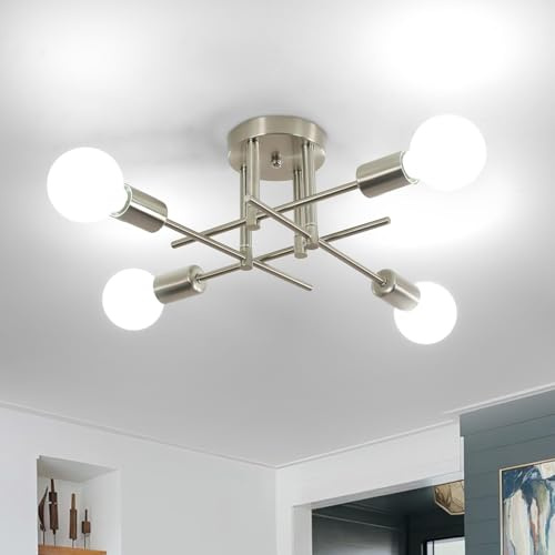 Comely Lámpara de Araña Industrial Moderna de 4 Luces, E27 Retro Plafon Techo Sputnik, Lámpara de Techo Níquel Para Salon Dormitorio Comedor Cocina Pasillo