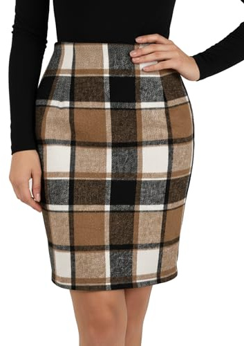 Plaid Skirts for Women Fall Winter Knee Length Christmas Holiday Pencil Wool Midi Skirt with Back Slit Brown
