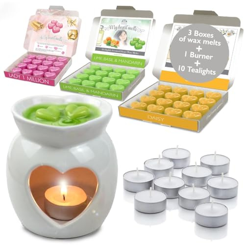 Mixed Perfume Deluxe Wax Melts Gift Set – Starter Pack – Heart Shaped Ceramic Burner – 3 x 16 Perfume Scented Wax Melts (Lady 1 Million, Lime Basil & Mandarin, Daisy) with 10 Tealights