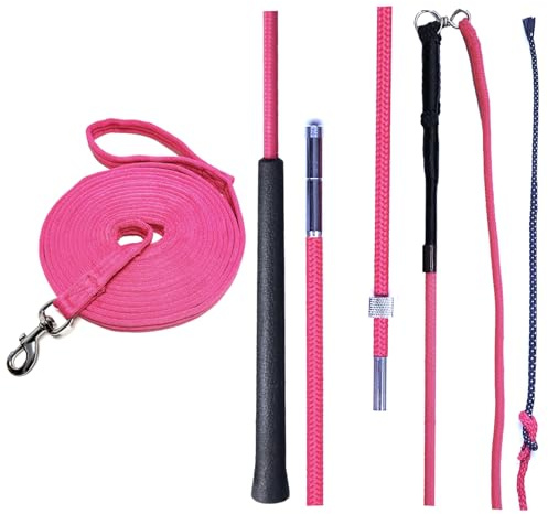 JA Horse JA0041 Longier-Set Longierpeitsche Longierleine, Pink, 200 cm | Komplettes Longier-Set: Platzsparende 2-teilige Longierpeitsche (180/200 cm) & extra weiche 8m Pferdelonge Transporttasche