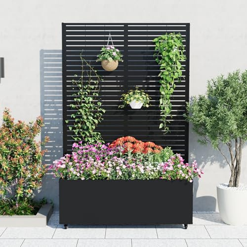 GarveeLife Metal Planter Box with Trellis and Wheels, 71x47x16 Raised Garden Bed for Climbing Plants, Vegetables, Vines, Privacy Planters for Patio with Drainage Holes, 15.7 Deep Planting Bed