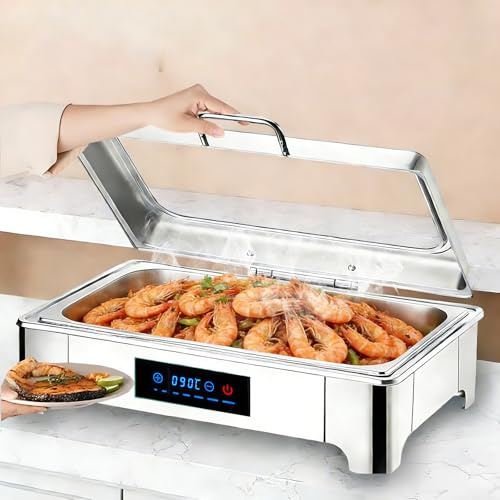 BOVDC 9L Chafing Dish Elettrico, Professionale Scaldavivande Elettrico Buffet in Acciaio Inox, Contenitore Scalda Cibo con Coperchio Trasparente per Buffet, Ristoranti, Cucine(Full Pan)