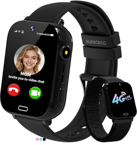 EUNICECG 4G Smartklocka för Barn med GPS-Positionering Videosamtal Telefoner Klassrumsmodell Röstchatt Spel Väckarklocka SOS Kalkylator - Digital Kids Smart Watch för Jongens Meisjes Födelsedag Gåvor