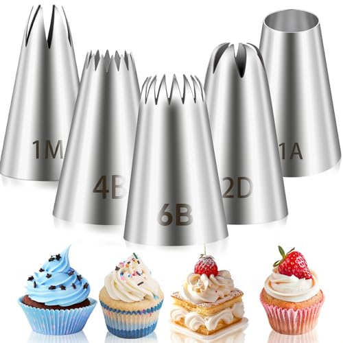 Large Piping Nozzle Tip Set, 4PCS Stainless Steel Seamless Piping Icing Tips DIY Cake Decorating Tips for Cupcakes, Cake, Cookie and Decorating (#1M #2D #4B #6B)