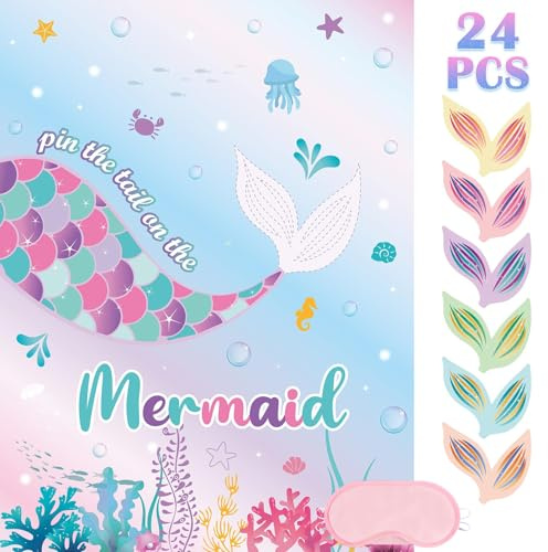 WERNNSAI Pin the Tail on the Mermaid Party Supplies | Mermaid Birthday Party Decor 24 Pcs Reusable Tails Sticker Under the Sea Party Supplies for Family Gathering Party 71 x 53cm