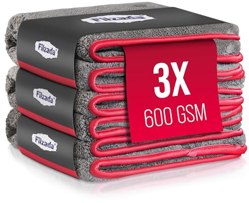 Filzada® 3X Mikrofasertuch Auto Feinstfaser 600 GSM - Poliertuch Autopflege | Microfasertuch extra saugstark, fusselfrei, 40x40cm - Trocknen, Politur, Felgen - lackschonend - Wachs & Detailer
