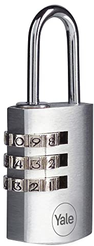Yale Y151B/22/120/1, Standardsicherheit, 22 mm, Messing, Kombinations Vorhängeschloss, verchromt, offener Bügel aus Stahl, Ø 3 mm, 3-stelliges Zahlenschloss, für Spind, Werkzeugkiste, Schrank