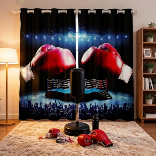 Loussiesd Boxing Gloves Pattern Curtain Sports Theme Window Drapes for Kids Boys Girls Teens Boxing Match Window Treatments Breathable Cool Red Blue Window Curtain Room Decor W46*L54