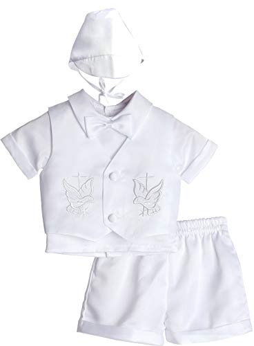 Roseelf Baby Boy Baptism Outfits, 4 Pcs Christening Gifts Short Sleeve Suit Set, Cross Detail, White, 9-12 Months