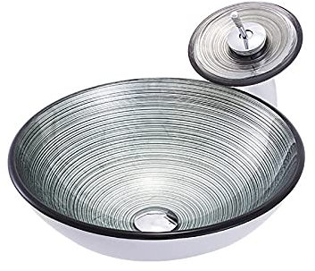 Lavandino in Vetro Temperato, Tondo Lavabo da Appoggio ​in Vetro Temperato Artistico Lavabo da Appoggio Verde Chiaro Lavabo da Bagno con Set di Scarico dell'Acqua, 420×420×145mm,Sink with faucet