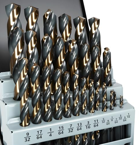 Yougfin 29PCS Drill Bit Set 1/16-1/2, Black and Gold Oxide Finish Metal Drill Bits, M2 Jobber Length Twist Drill Set with Index Case for Steel, Wood, Plastic