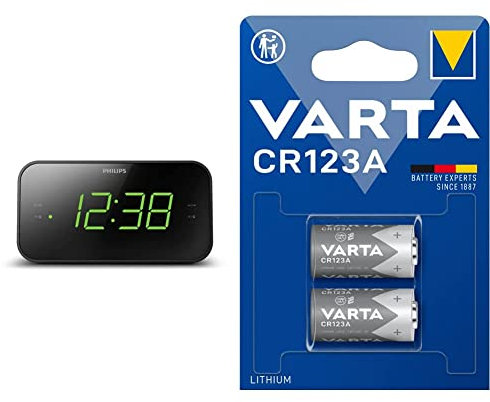 PHILIPS Sveglia con Radio e Display da Letto, Radio Digitale con Doppio Allarme & Batterie Varta Electronics CR123A Batteria al litio pacco da 2 in confezione originale da 2