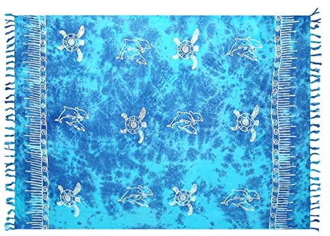 Pareo Sarong Strandtuch Damen - Wickelrock Strand - Handtuch Blickdicht als Wickeltuch oder Handtuchkleid und Wickelkleid Damen - Handarbeit aus Fair Trade Herstellung Batik Türkis Tiere