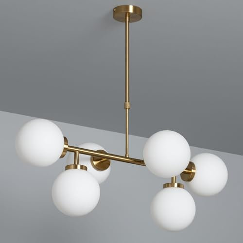 LEDKIA LIGHTING - Lampada a Sospensione Metallo e Vetro Lautrec | Design Moderno ed Elegante | Regolabile in Altezza | 6 Paralumi Sferici | Lampadina E27, Oro