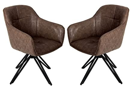 SAM 2er Set Drehstuhl Elbe, 180 Grad drehbar, Kunstlederbezug Dunkelbraun, Esszimmerstuhl/Armlehnstuhl mit kleinem Rauten-Muster außen, Metallgestell schwarz