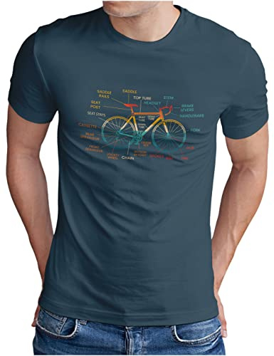 OM3® Fahrrad T-Shirt mit Teile Bezeichnungen - Herren - Bicycle Rennrad Bike Parts Radsport - S - 5XL