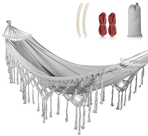 Hängematte Outdoor Boho-Stil für Garten, Balkon, Terrasse, Indoor, mit gebogener Holzstange, Befestigungsgurte und Tragetasch