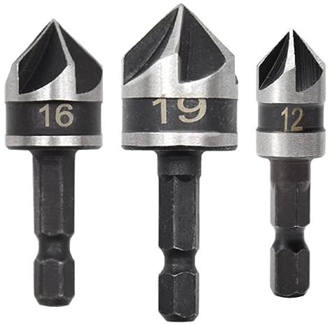 Hocansen 3 Teiliges Bohrer mit Senker Kegelsenker Sechskant 5 Flöten Senkbohrer 90 Grad Stanzwerkzeug Fasen Bohrer für Aufstecksenker Holz Kunststoff (LJ-ZT/12/16/19mm)