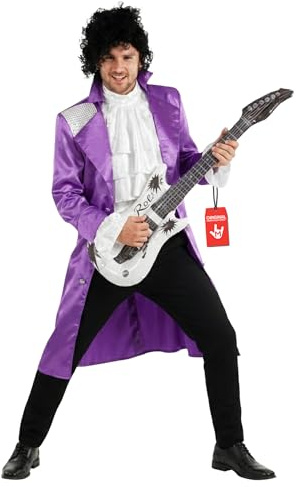Morph Costume Rockstar Pop Uomo, Costume Halloween Uomo | Giacca in Raso Viola con Camicia, Parrucca Nera & Chitarra Gonfiabile, Perfetto per Halloween, Ideale per Travestirsi