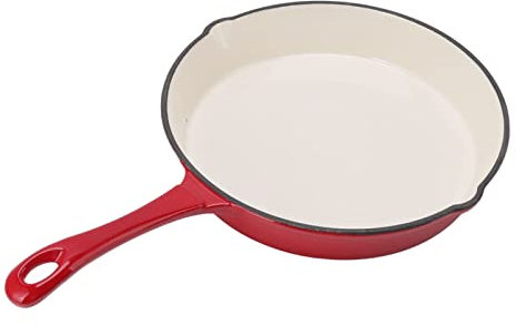 Otufan Poêle à Frire émaillée, 25 Cm De Diamètre en Fonte Rouge, Une Pièce à Long Manche en Fer, Poêle Plate pour la Cuisine de la Maison