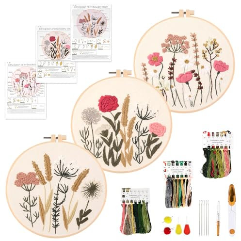 Weinsamkeit Kit de Inicio de Bordado, 3 Juegos de Bordar con Patrones e Instrucciones, juego de bordado para principiantes, juego de bordado hecho a mano para manualidades